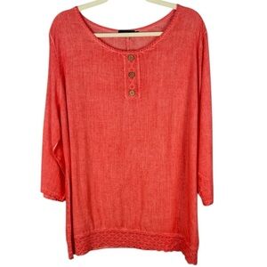 Goa Chic Linen Blend Coral Lace Hem Button-Detail Roll-up Sleeve Top Size Medium